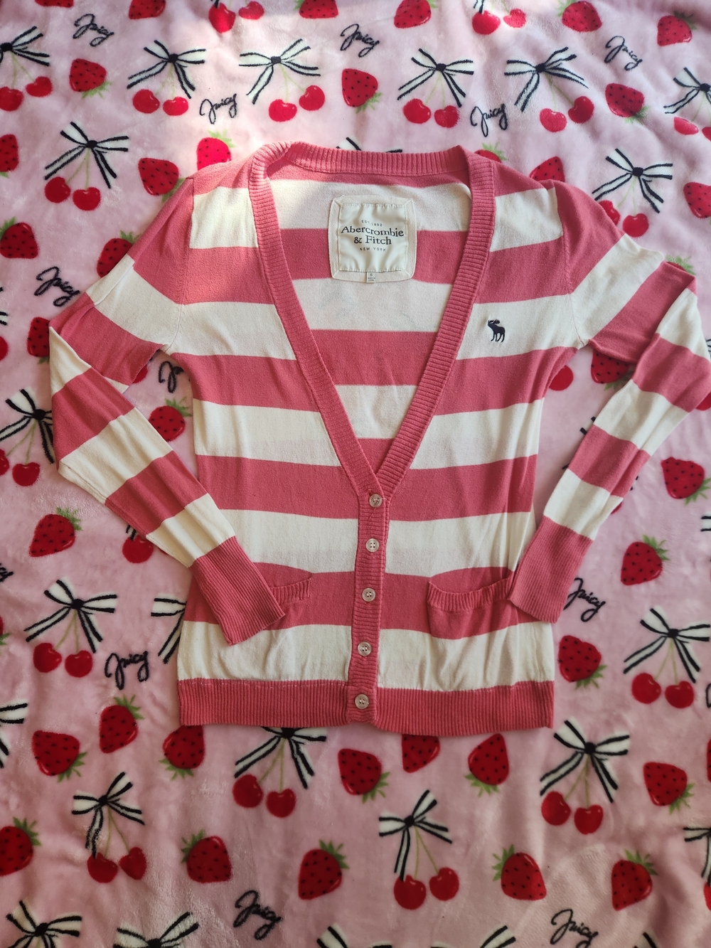 Abercrombie & Fitch Pink and White Stripe V-Neck Cardigan Vintage Y2k Logo Moose